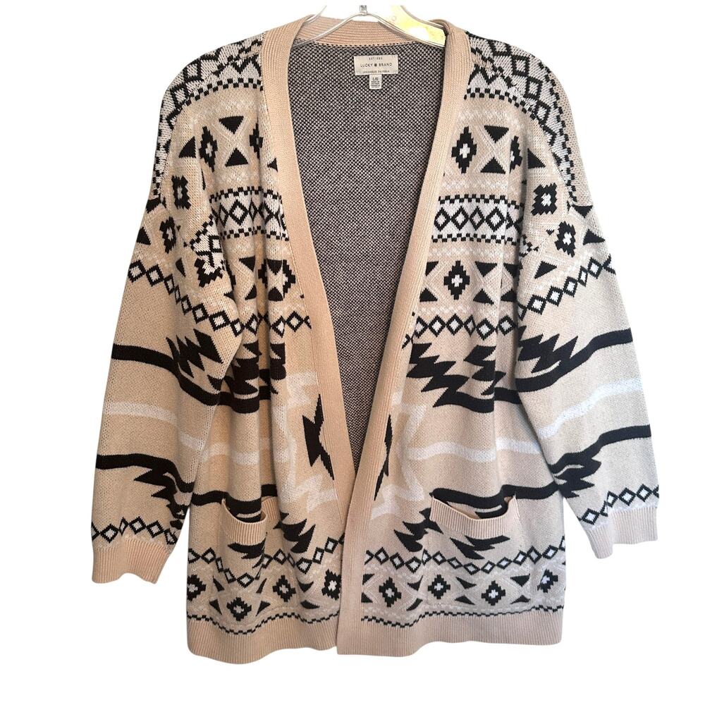 Lucky Brand Aztec Open Cardigan Womens Large Cream Black Western Tribal Topper